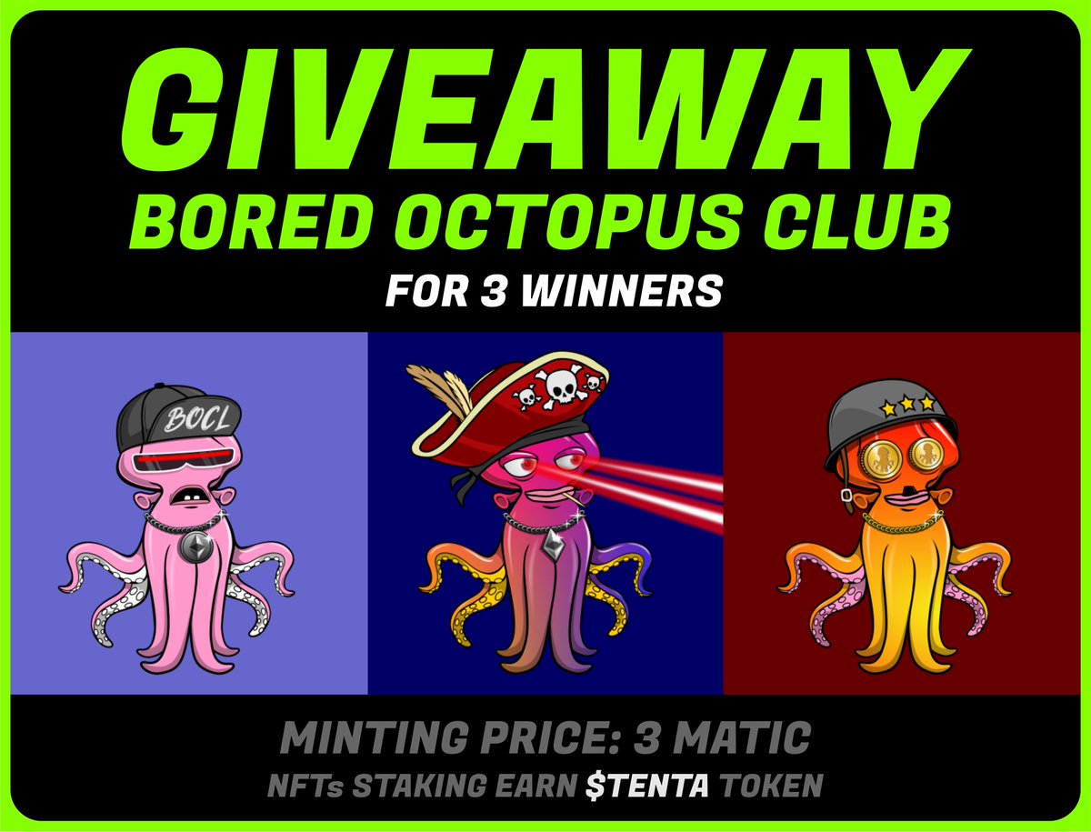 🐙BORED OCTOPUS🐙
🎁 #GIVEAWAY for 3 Winners 🎁

1. Follow <a href="/BoredOcto/">Bored Octopus Club</a>
2. Like + RT 
3. Comment + Tag 3 Friends

🎉Announced in 48 hours🎉
*Minting &amp; Staking: bocl.live

#NFT #polygonNFT #NFTs #NFTCommunity #NFTs #FreeNFT #free #NFTdrop #airdrop #nftgiveaway #nftart