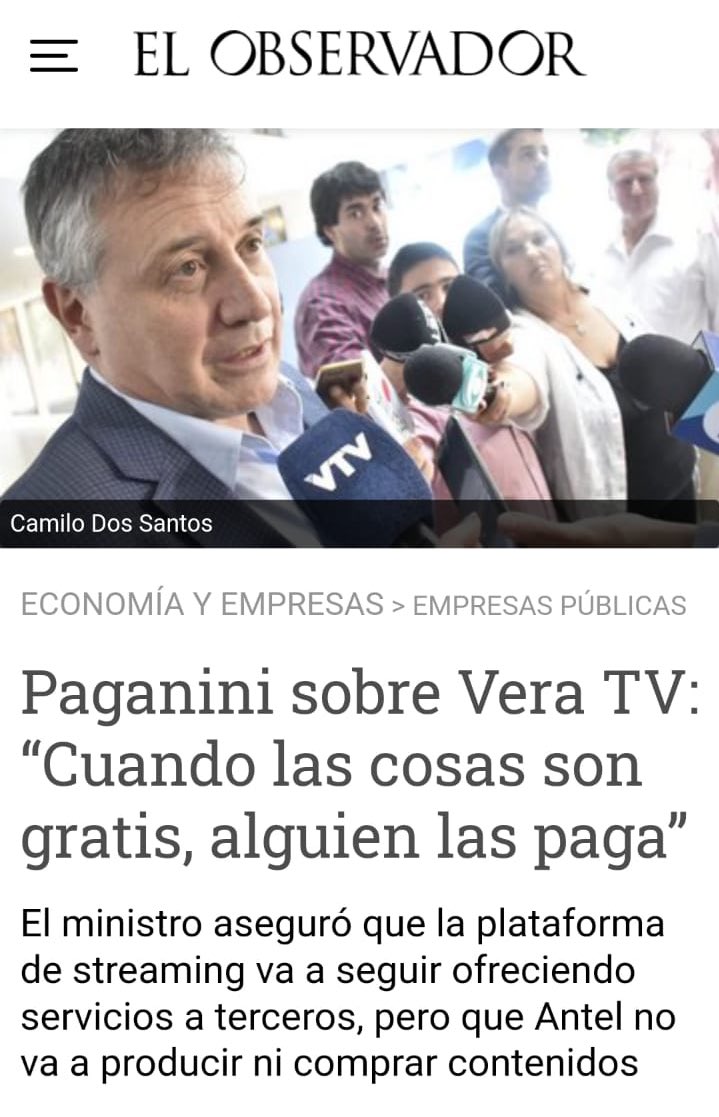 dolivera_uy's tweet photo. “Antel no va a producir ni comprar contenidos” decía Paganini cuando Antel dejó de transmitir la NBA.

Ahora Antel pagará más de un millón por año a canales privados para que estén en Vera Tv con el mismo contenido que se ofrece gratis en Tv Abierta. https://t.co/H8VLCE1mIV