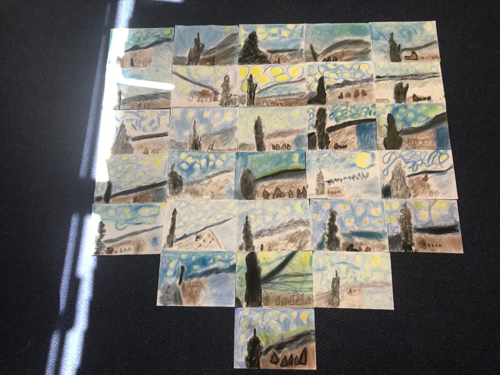 QueniPrimary's tweet photo. Look at the beautiful art work that Mrs Copley has produced this week with the Year 2 and Year 6 children! #everyonesanartist #Bansky #VanGogh https://t.co/iHtvV31nhG