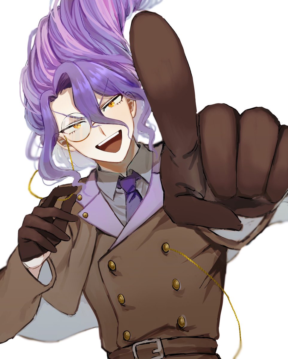 monocle male focus 1boy purple hair necktie gloves solo  illustration images