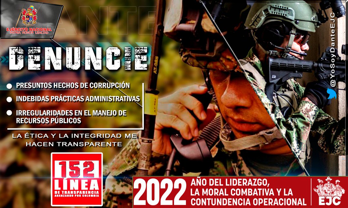 📌«Denunciar» también hace parte del cumplimiento de los deberes legales que le asisten a los hombres y mujeres del <a href="/COL_EJERCITO/">Ejército Nacional de Colombia</a>.  Este es un comportamiento honroso y legal. 

#EjércitoTransparente 
#Denuncie📱Línea 152
#Colombia
