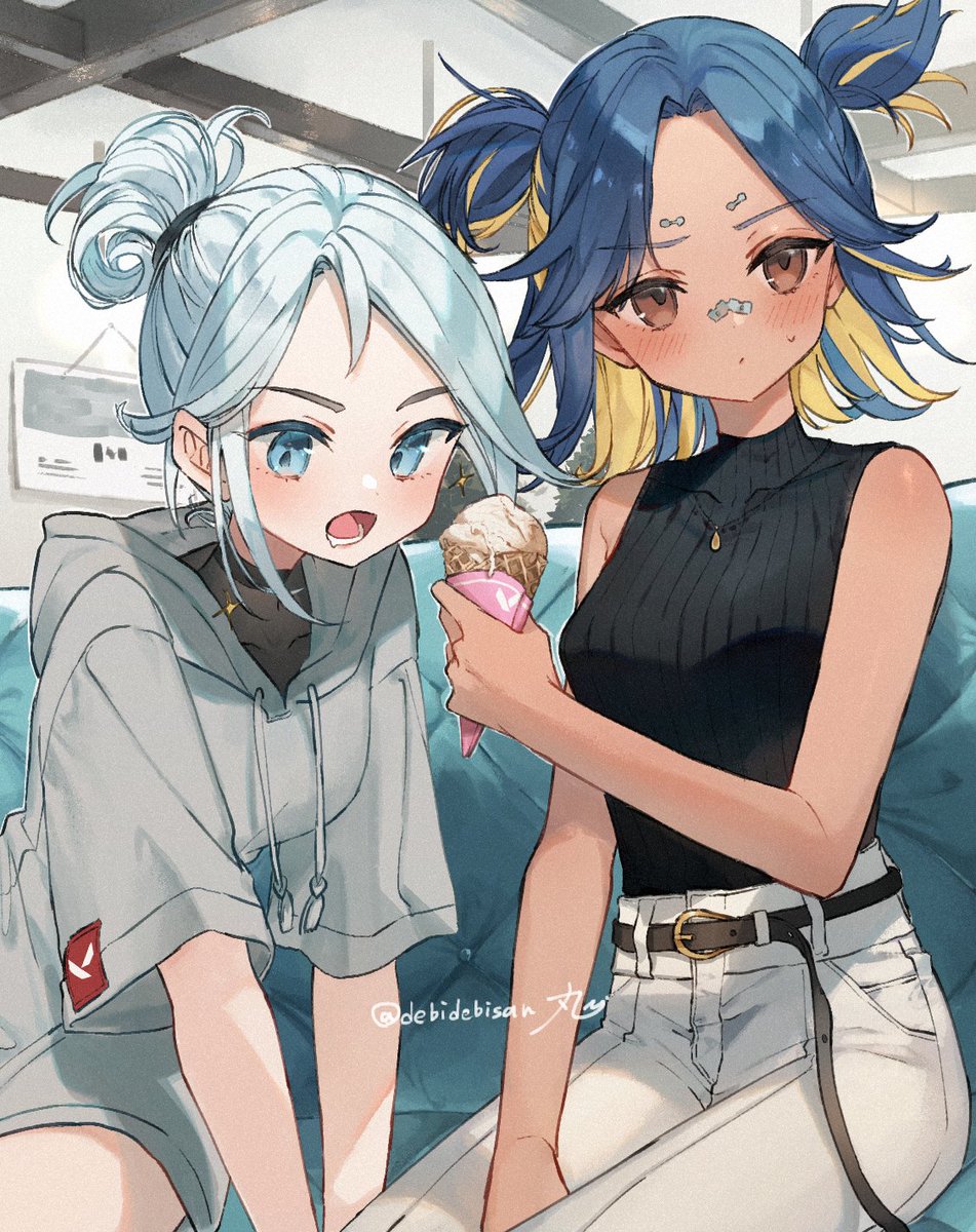 2girls multiple girls blue hair white pants food pants blonde hair  illustration images