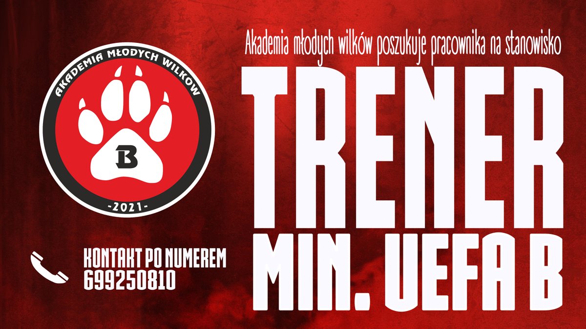 Akademia Młodych Wilków poszukuje trenera! 👀

📄 Wymagania co do kandydata to minimum kwalifikacja trenerska UEFA B. 
📞 Zapraszamy do kontaktu i zgłaszanie się kandydatów pod numerem telefonu 699 250 810.