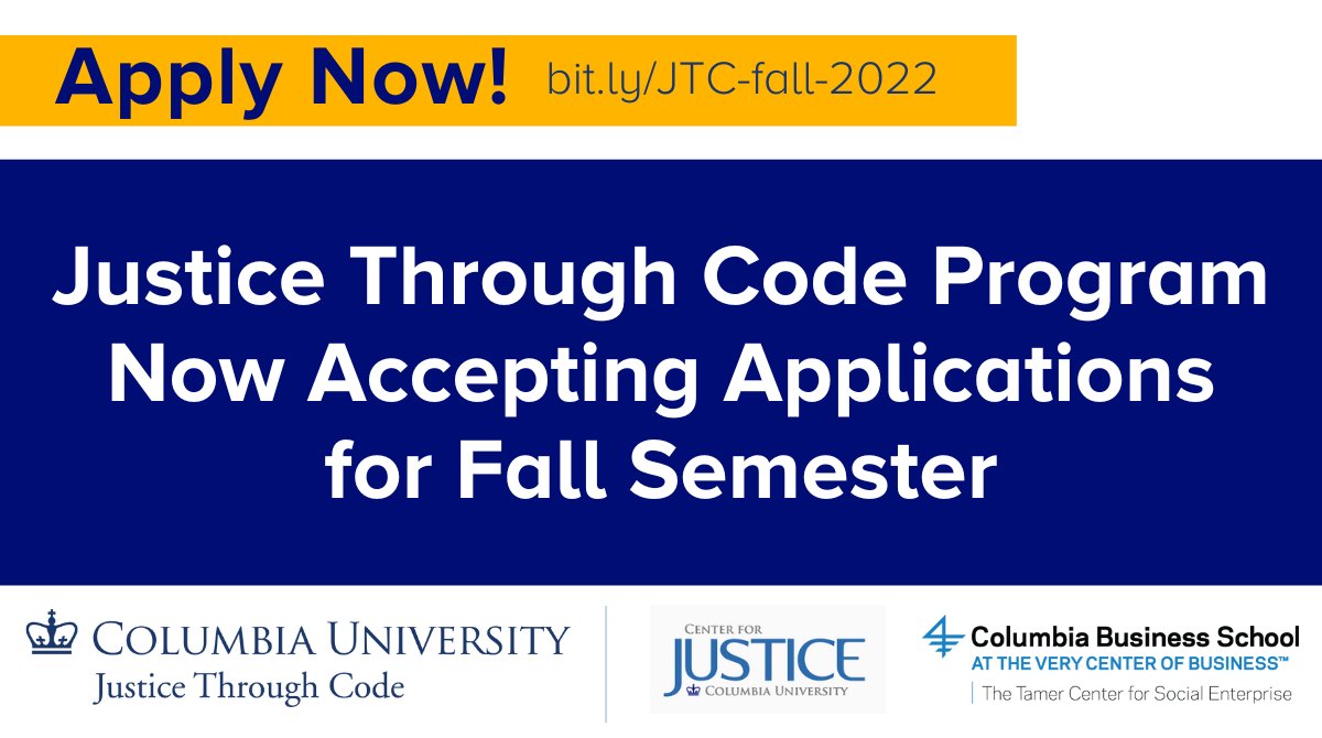 APPLY NOW: Applications are now open for the fall semester of our Justice Through Code program. If you are formerly incarcerated and want to learn how to code, this free program is for you!

bit.ly/JTC-fall-2022