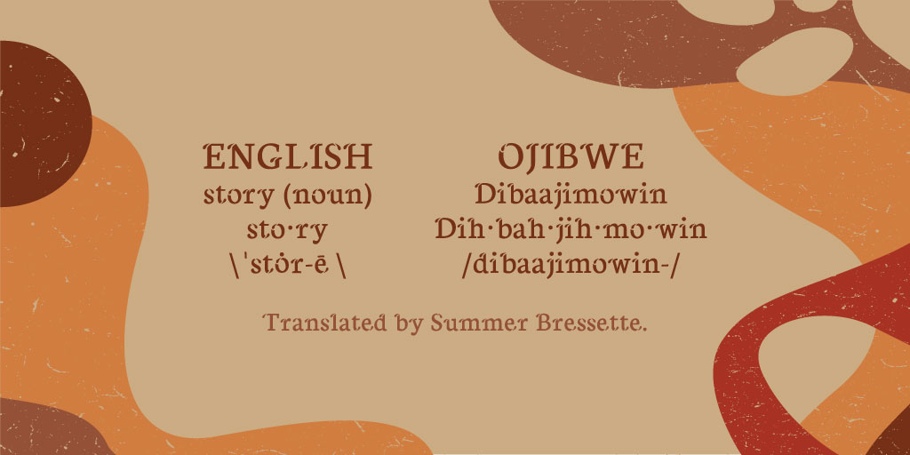 On this #IndigenousPeoplesDay, we are excited to announce a new series! Our hope is that our #WordOfTheDay series will open the door to Indigenous culture through language.

We begin with Story/Dibaajimowin, a word that is fundamental to theatre and the art of storytelling. (1/2)