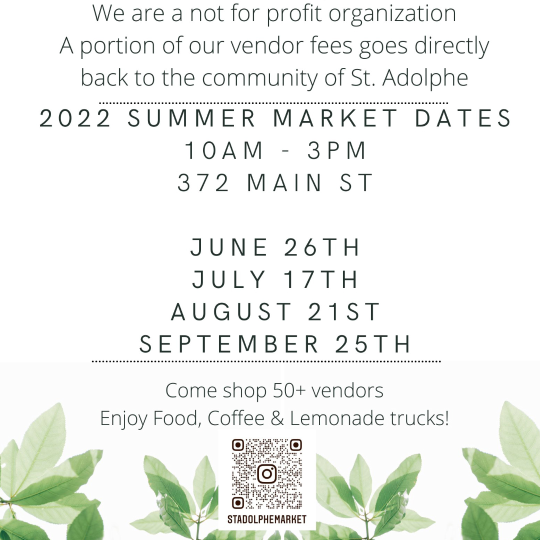 RitchotCDC's tweet photo. ST. ADOLPHE, MB 🏡

The 1st Market of the season is just around the corner! With 50+ vendors, St. Adolphe will be hopping with food, coffee, lemonade trucks, and many other crafty vendors.

Swing by on June 26th, 2022. Located by the RM office/Daycare.

#StAdolpheMB #RitchotCDC https://t.co/oMX8f01Mnx