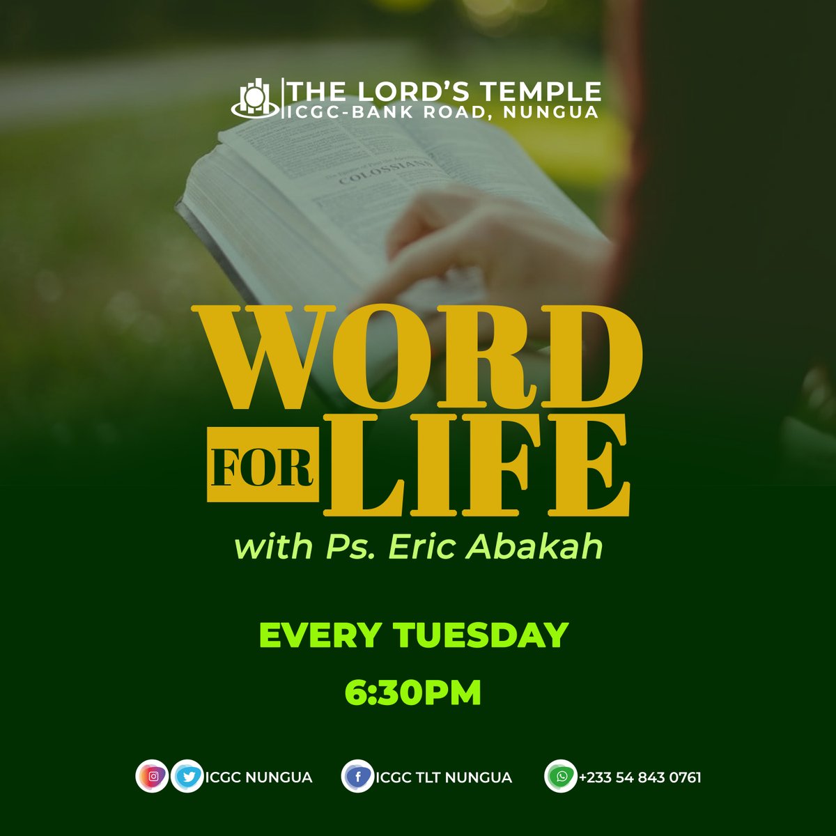 ICGCNungua's tweet photo. "Thy word is a lamp unto my feet, and a light unto my path" ~ Psalm 119:105
Join us this evening at 6:30pm for another powerful session of 'Word For Life' with Ps. Eric Abakah.
You do not want to miss it, see you!!
#biblestudy
#wordforlife https://t.co/dFqaqaSwJm