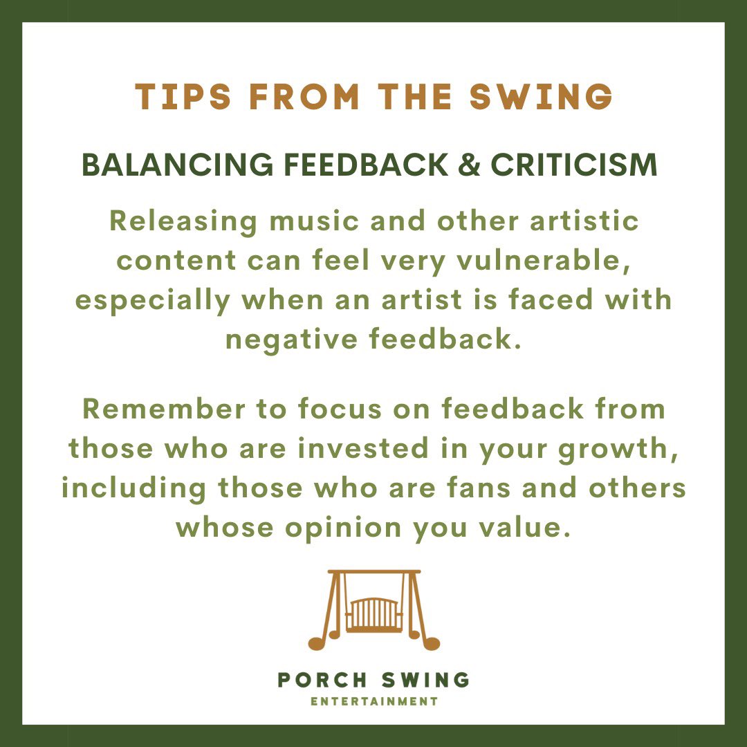 porchswingent's tweet photo. Not all feedback should be weighed equally. Keep an open mind and focus on feedback that helps you improve and grow in the direction you want to be heading.
#TipsFromTheSwing
#TipTuesday
#MusicBusinessTips https://t.co/J2Vsdt7oqf