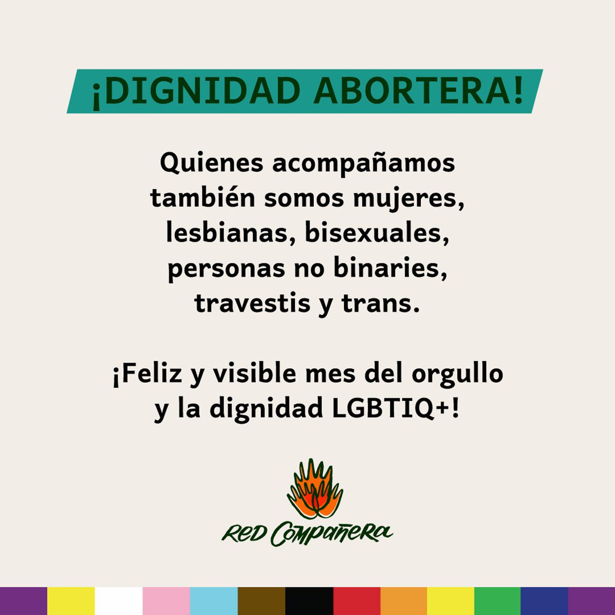 rcompafeminista's tweet photo. 🌈¡Felices y orgullosas/es! 

💚Abracemos nuestra diversidad en la lucha por el aborto acompañado y feminista en toda la región.  

📢🔥¡JUNTAS Y JUNTES POR EL ABORTO FEMINISTA!.🔥

#RedCompa #PrideMonth #Pride #MesDelOrgullo #OrgulloLGBTIQ #LGBTIQA https://t.co/YvKFTc0KaB