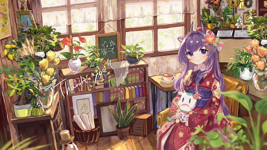 1girl kimono japanese clothes purple hair flower purple eyes solo  illustration images