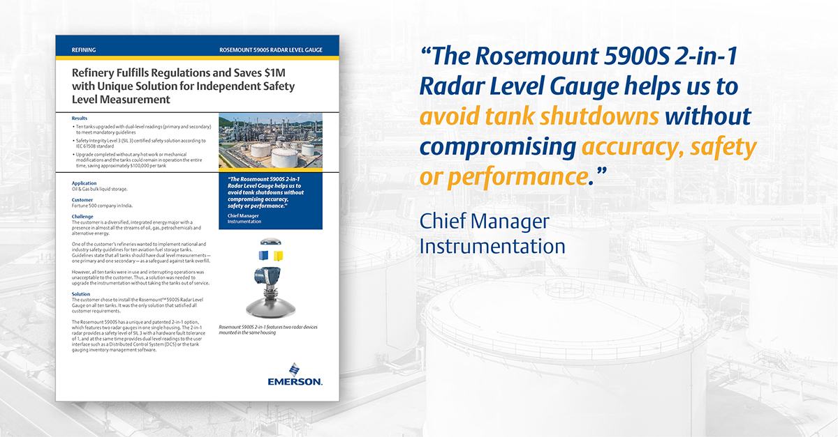 EMR_Automation's tweet photo. [Case study] Learn how a refinery in India fulfills regulations and saves $1M with a unique solution for independent safety level measurement.  https://t.co/GTKMCYHi2J
#TankGauging #overfillprevention #overfillprotection https://t.co/btqpYNlDab