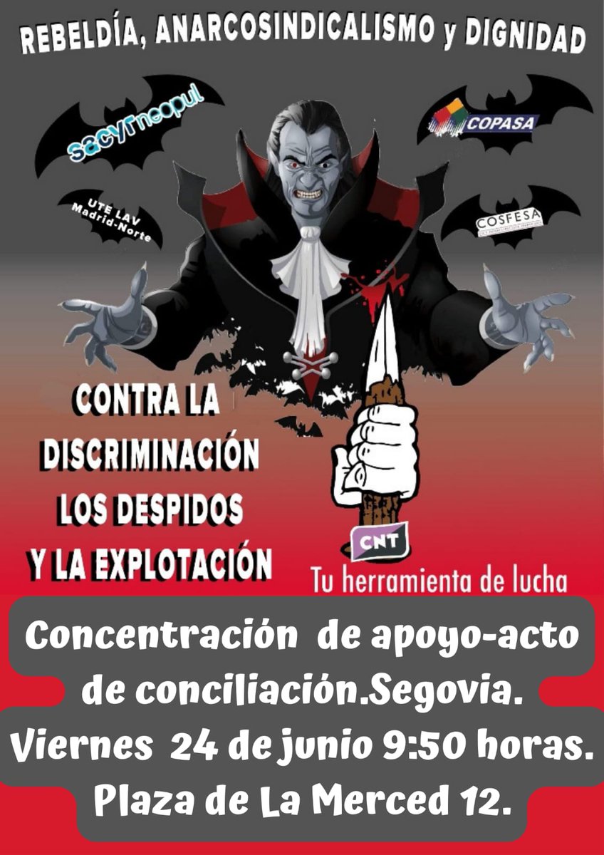 Acude a defender el trabajo digno!!!

Organización, luchar y vencer!!!!

#Segovia #CNT #PlazaDeLaMerced #Trabajo