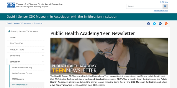 OEWeek's tweet photo. 📣 From #OEWeek #OER library – today's #spotlight is on ...
CDC Museum Public Health Academy Teen Newslettercreated by @CDCgov @smithsonian @cdcmuseum
link 👉🏼 https://t.co/zAK3wS9L9y
#English #madeinAtlanta #SavvyStudents #education #elearningtips https://t.co/LTV842P4hi