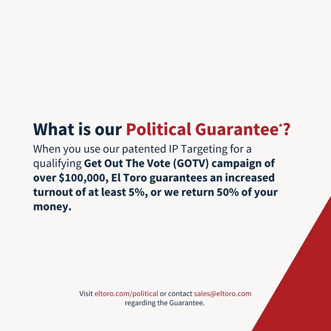 ElToroDotCom's tweet image. Stress less and enjoy the best. See how El Toro guarantees success for our political clients. You can learn more about our political best practices at our next webinar. 

Click to sign up: ow.ly/p7Ry50JzvTH 

#PoliticalAdvertising #IPTargeting #AdTech #MarTech