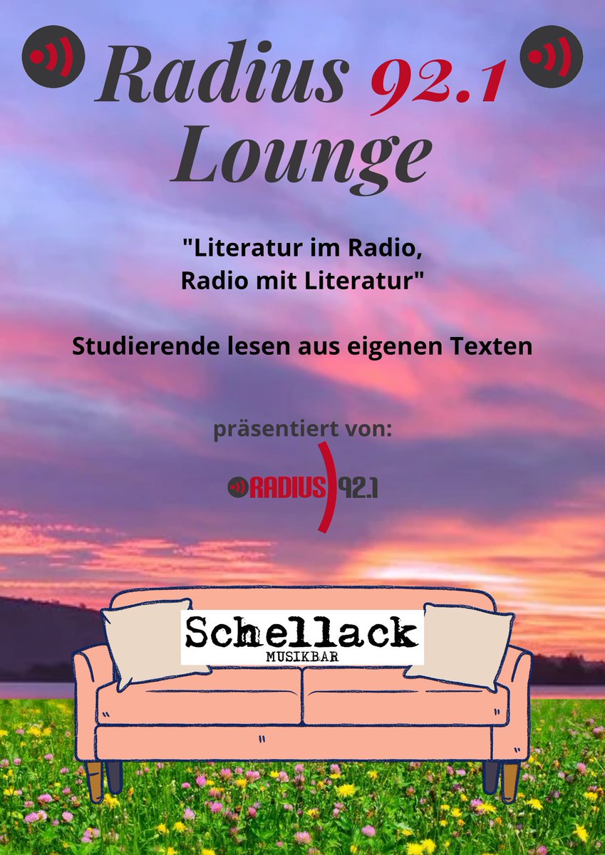 Wer spontan Lust hat auf Literatur: heute um 19 Uhr startet die Radius Lounge.
Eine Lesung mit Geschichten, aus den Federn von 4 Studierenden, die sie auch selbst vorlesen.

Das Ganze findet im Schellack statt, Einlass ab 18:45 Uhr.
Eintritt ist frei