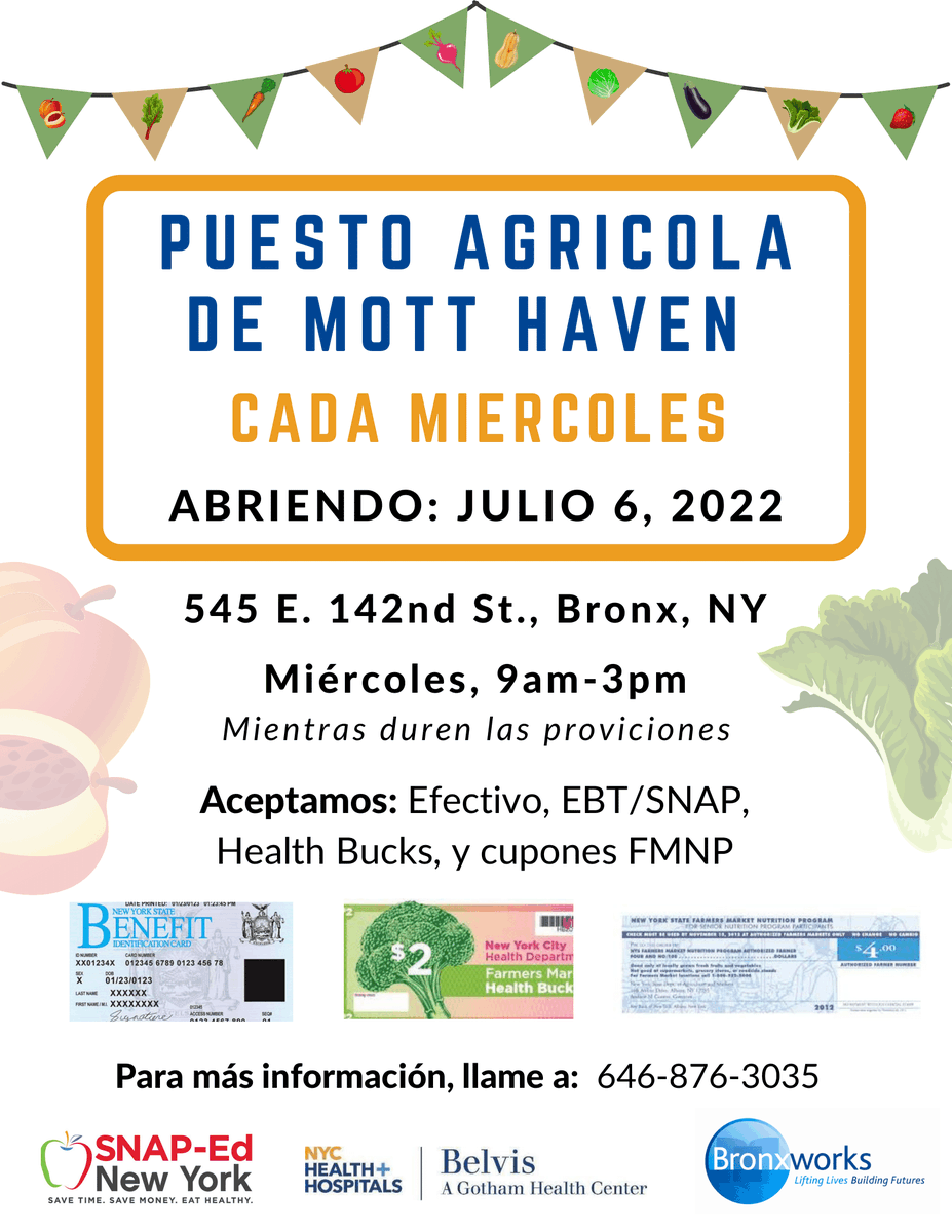 mybronximpact's tweet photo. The Mott Haven Farm Stand is back this summer! Starting in July, the farm stand will be open each Wednesday at NYC Health + Hospitals/ Gotham Health, Belvis providing fresh, local, and affordable seasonal produce. Be sure to bring your own bag! https://t.co/KSO7RZWy3A