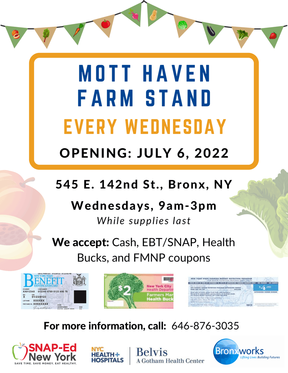 mybronximpact's tweet photo. The Mott Haven Farm Stand is back this summer! Starting in July, the farm stand will be open each Wednesday at NYC Health + Hospitals/ Gotham Health, Belvis providing fresh, local, and affordable seasonal produce. Be sure to bring your own bag! https://t.co/KSO7RZWy3A