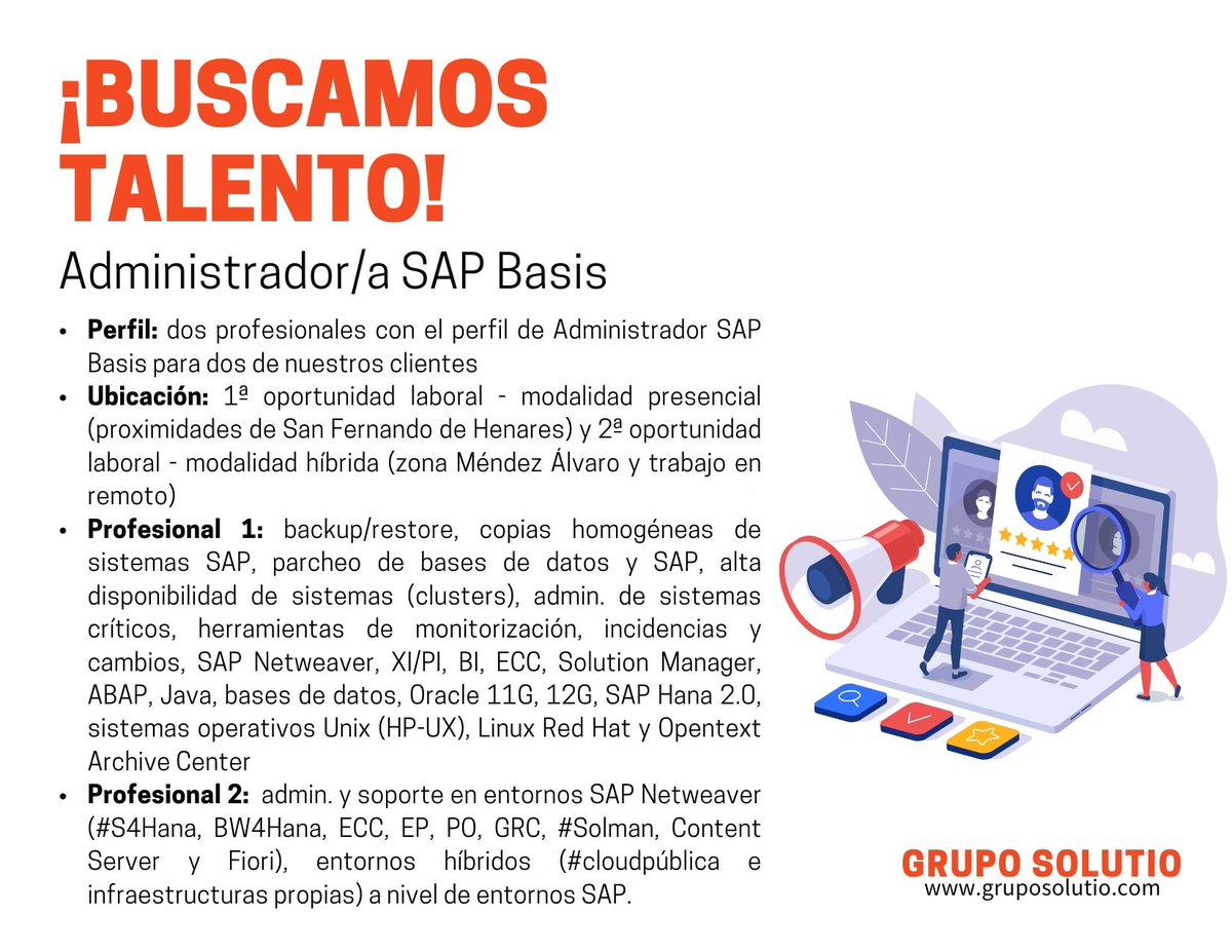 Grupo_Solutio's tweet image. Buscamos para trabajar con nosotros en dos de nuestros clientes (presencial e híbrido), a 2 profesionales con el perfil de #AdministradorSAPBasis.

➡ Aplica aquí: bit.ly/3OvkNs0
➡ Envíanos tu CV a talento@gruposolutio.com 

#SolutioTalent #SAPBasisAdmin #SAP #SAPBasis