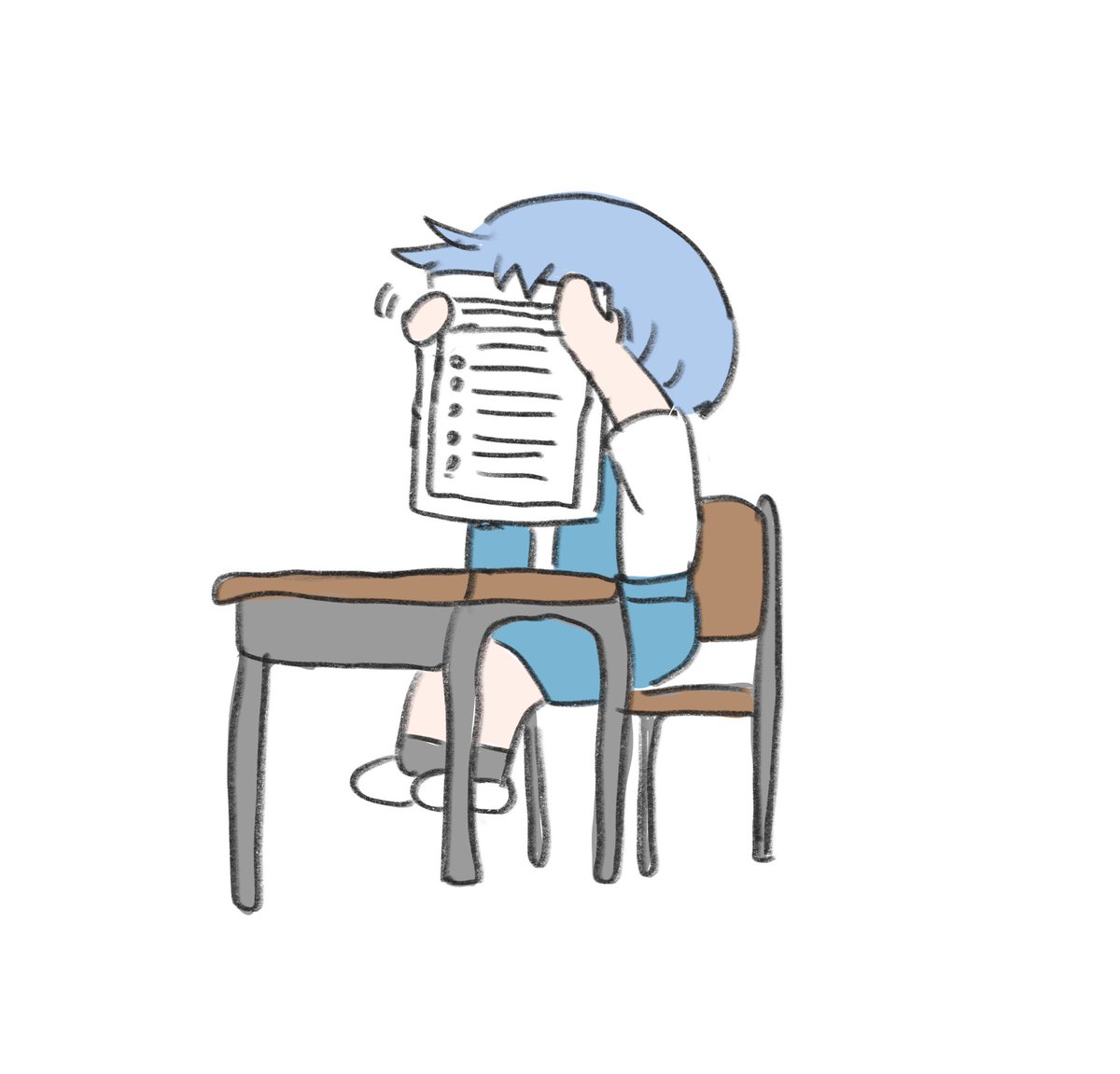 ayanami rei 1girl solo school uniform blue hair sitting desk paper  illustration images