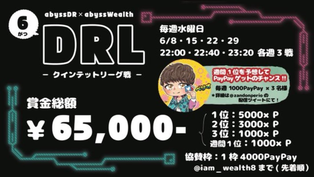 zandonperio's tweet photo. 【DRL】6月度QTリーグ戦
主催：@abyssDR

Day②を終えて現在1位は「貯金箱」
2位は3ポイント差で同率2チームの接戦

そしてDAY③も視聴者の皆様にも賞金ゲットのチャンス
DAY②の当選者は本日の配信内で発表！
※詳細は追記にて

DAY③　22時よりスタート

https://t.co/63nAWtitbn

#DRL
#リーグ戦 https://t.co/LjT7JBaZSx