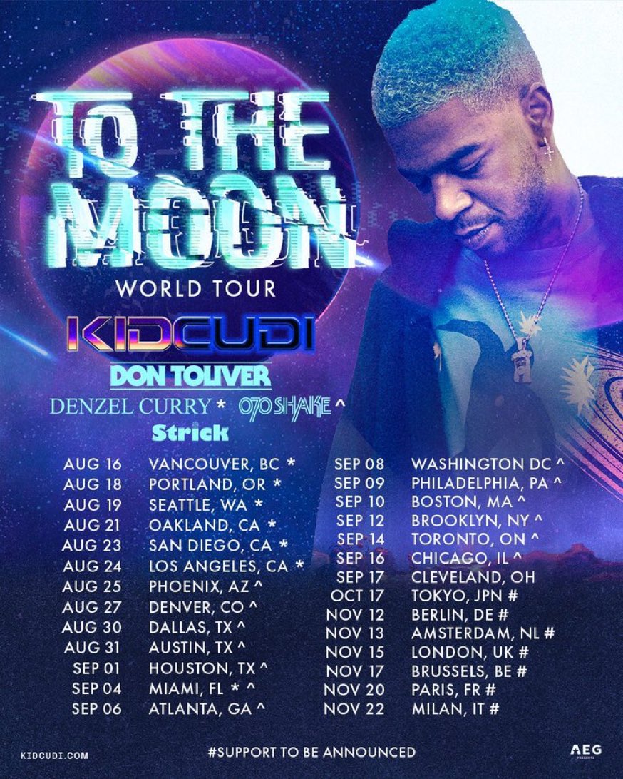 【News】Kid Cudi の来日公演が決定。

公演は10月17日（月）に開催予定で、Don Toliver や Denzel Curry、070 Shake、Strick らもサポートアクトとして共に来日する可能性がある。