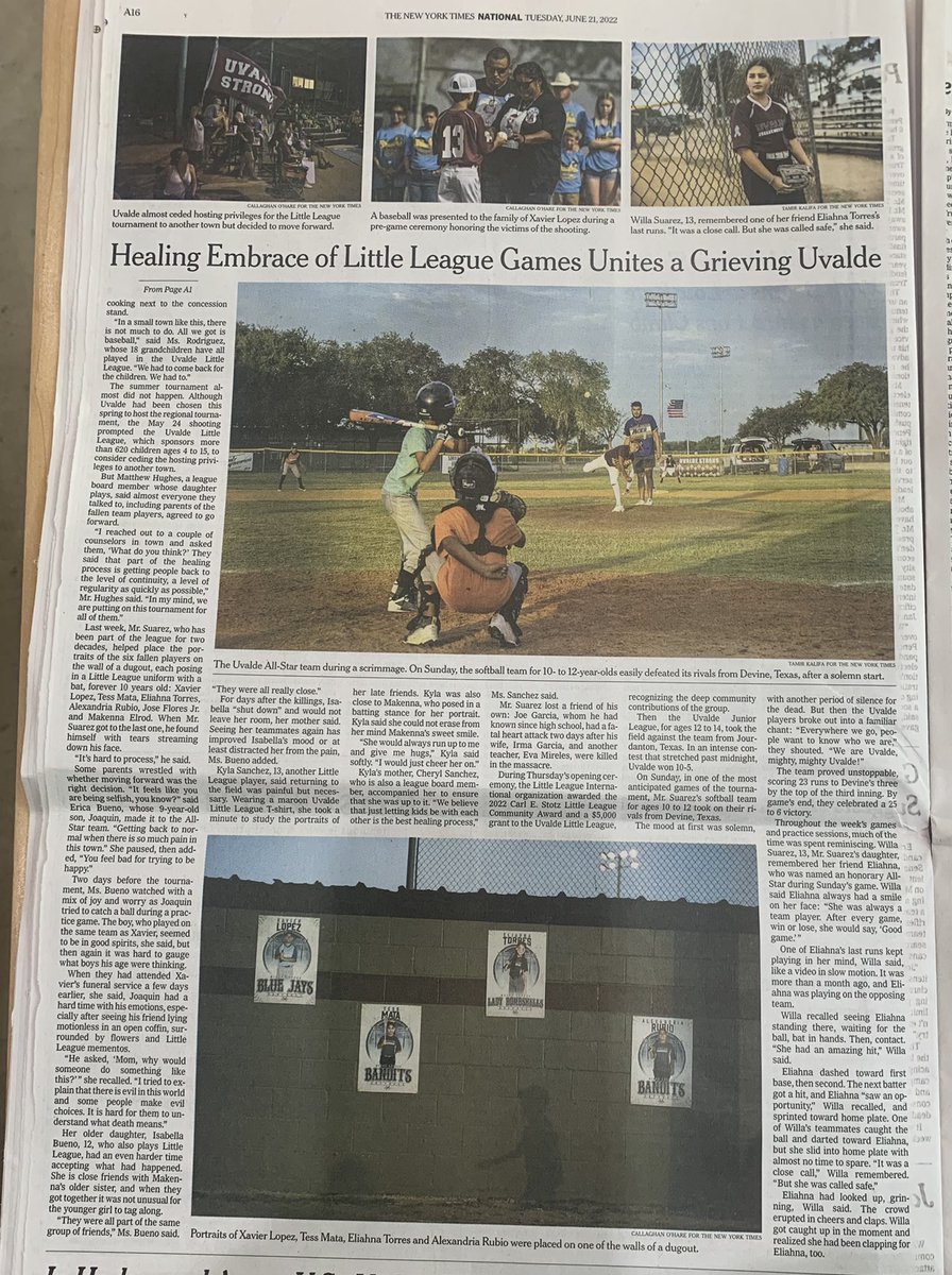 In today’s <a href="/nytimes/">The New York Times</a> print edition.
“Leticia Rodriguez, 61, cracked a bittersweet smile, watching children and their parents form a long line to savor the fajitas she was cooking next to the concession stand.” #Uvalde #uvaldestrong #baseball #Texas ⚾️🏟🧢
nytimes.com/2022/06/20/us/…