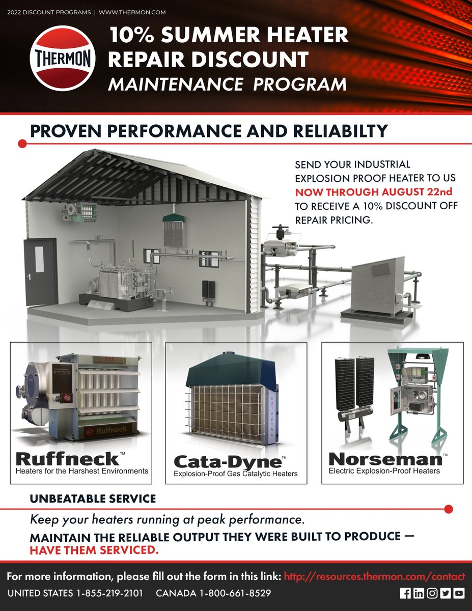 Summer is here! This is the perfect opportunity to get your heaters checked and maintained. Thermon offers an environmental heater repair discount to keep your heaters running at peak performance.

#thermon #summer #summer2022 #maintenance #maintenanceandrepair #processheating