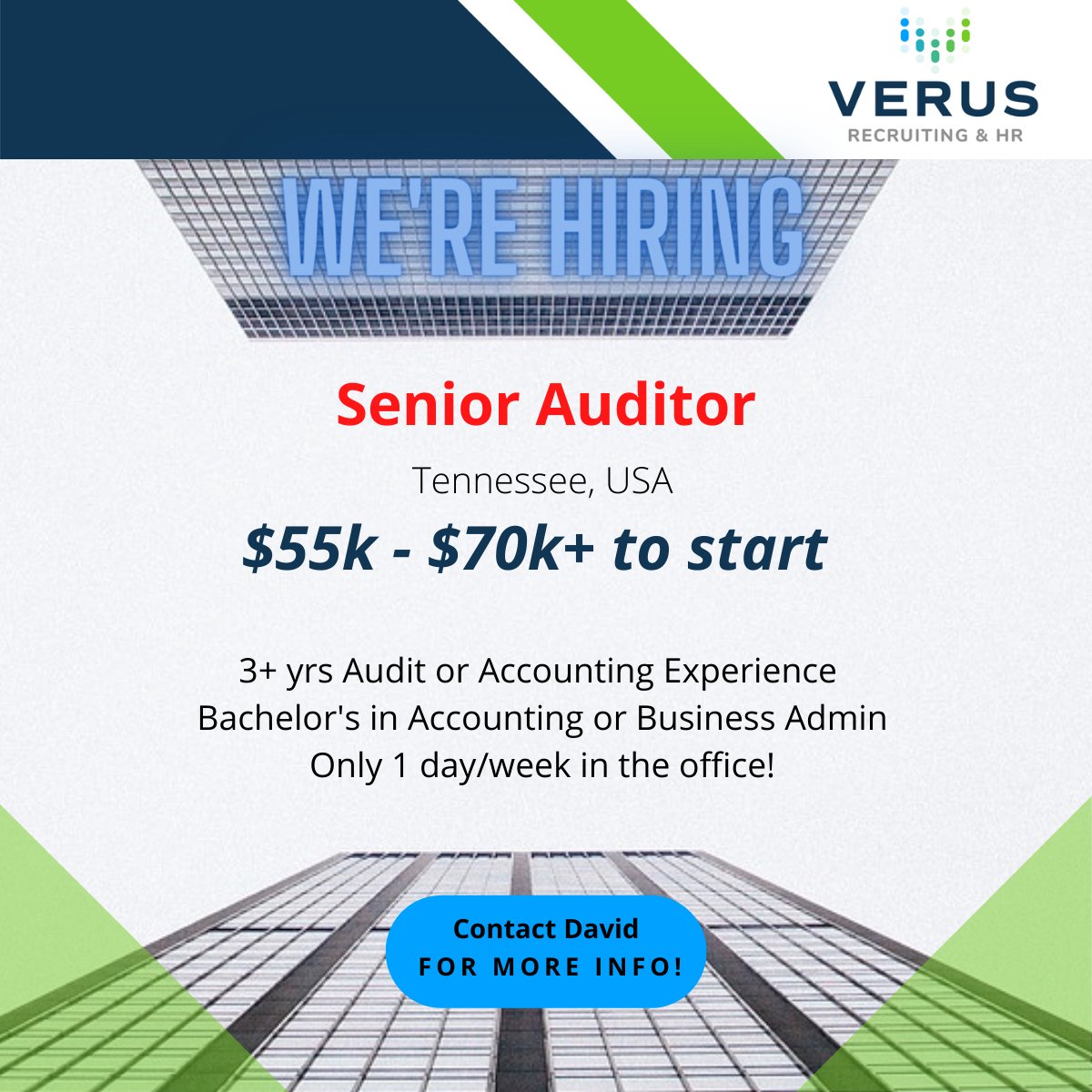 VerusRecruiting's tweet photo. New Opportunity for a Senior Auditor in Tennessee! $55k to $70k to start! #tennesseejobs #seniorauditor #accounting #accountingjobs
Contact David Ford for more info!
Please note: We are always open to collaboration with other Recruiting Professionals! #recruiting https://t.co/mHNsoYCX2S