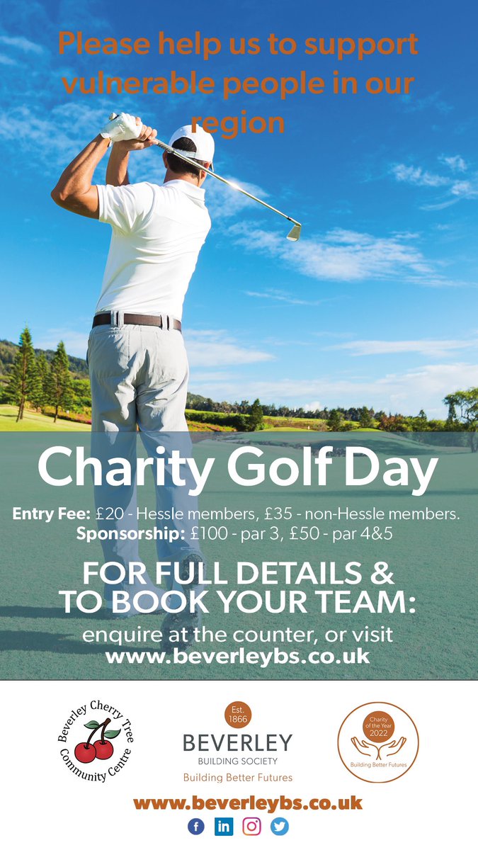 Charity Golf Day <a href="/hesslegolfclub/">Hessle Golf Club</a> on Friday 26th August in aid of The Beverley Cherry Tree Community Centre. <a href="/BevCherryTreeCC/">Beverley Cherry Tree Community Centre</a> 

If you’re interested in putting a team in please DM me.

<a href="/hesslegolfpros/">Hessle GC Pro Shop</a> <a href="/erugc/">ERUGC</a> <a href="/PGAYorkshire/">PGA in Yorkshire</a>