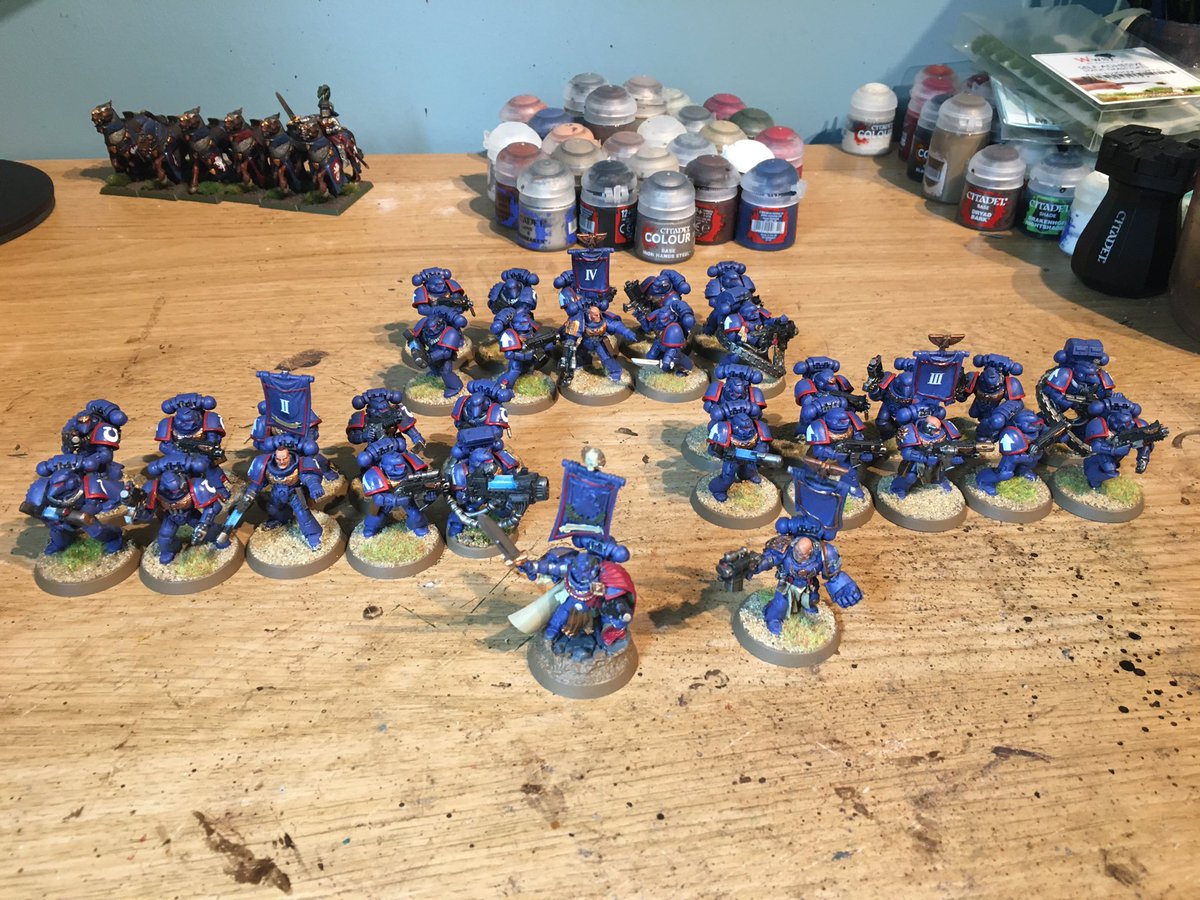 tomjmegan's tweet photo. This MIGHT look like a #Ultramarines (tactical) Demi-Company, but you’d be wrong! It’s actually an Ultramarines (rifle) platoon for a WH40K-inspired WWII Chain of Command game at Virtual Lard 7. A few tweaks to make, but a solid start. #SpreadtheLard #VL7 #WarhammerCommunity https://t.co/6WIFs4KK7c
