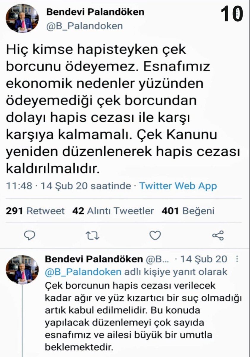 Sn. Başkanlarım
<a href="/RHisarciklioglu/">Rifat Hisarcıklıoğlu</a> <a href="/B_Palandoken/">Bendevi Palandöken</a>

Gazi Meclisimizde kurmaylarınızla dahil olacağınız çek yasası toplantısında iktidarımıza sunacağınız görüşler onbinlerce iş insanının, esnafın ve ailelerinin kaderine yön verecektir

NET OLARAK SÖYLEMELİSİNİZ
#CekeHapisCezasıKalksın