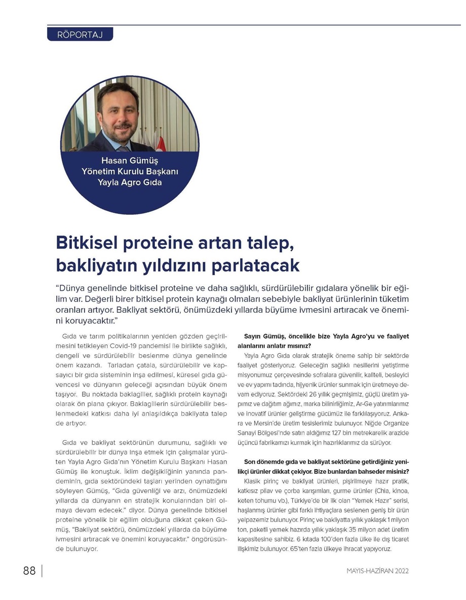 yaylaofficial's tweet photo. Değirmenci Dergisi'ne özel röportaj veren Yayla Agro Gıda Yönetim Kurulu Başkanı Hasan Gümüş; "Bitkisel proteine artan talep, bakliyatın yıldızını parlatacak." dedi.

#Yayla #YaşamSenin #YaylaBakliyat #YaylaAgroGıda #DeğirmenciDergisi #Bakliyat #BitkiselProtein #ÖzelRöportaj https://t.co/6MhIGtQgBm