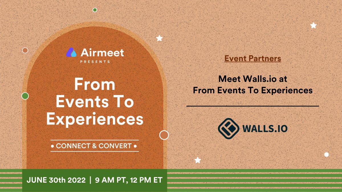Airmeet's tweet photo. A huge shoutout to our experience partner, @walls_io for all the support on previous events & the upcoming one, From Events To Experiences on June 30th at 9 AM (PT) | 12 PM (ET)
Tune in & check out their booth at the event.
Join in - https://t.co/KtzzaNSNTn
#eventstoexperiences https://t.co/wuHOe3Iwqx