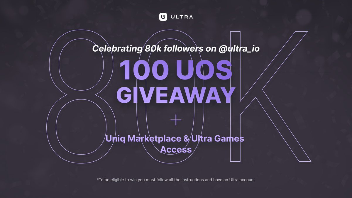 Ultra_io's tweet image. We're 80k followers strong!

To celebrate, 5 winners will get 100 UOS and access to the Uniq Marketplace + Ultra Games 💜

To enter:
✅ Follow @ultra_io
✅ Like + RT
✅ Have an Ultra account: ultra.io/download
✅ Join our Discord: bit.ly/3O92TLR

Ends on Friday!