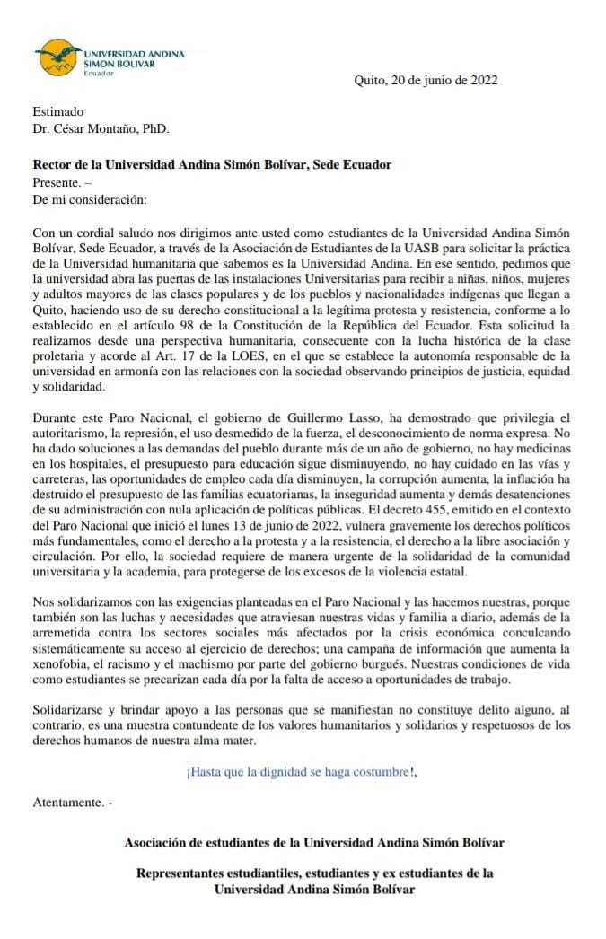 #UASBAbranLasPuertas Que no se les caiga el discurso! El proceso más decolonial, es abrir las puertas ya.
#AyudaHumanitariaUASB
#ParoNacionalEc2022 #ParoEcuador2022 #UniversidadesHumanitarias #AmericaLatina #21Junio 🇪🇨