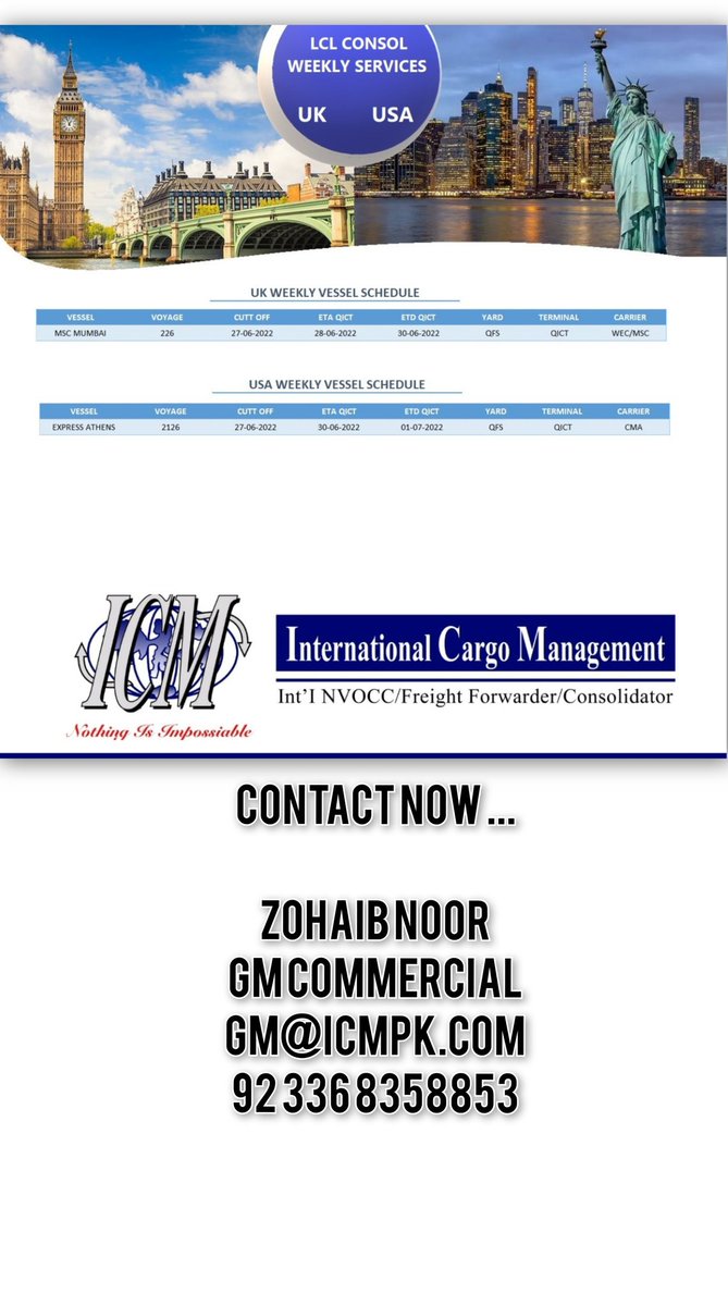 Interna63710350's tweet photo. Export LCL USA AND UK .

from Karachi .

Contact if you have any shipment.

Regards
Zohaib Noor
GM COMMERCIAL
gm@icmpk.com
92 336 8358853 https://t.co/WUSBCYxkrS