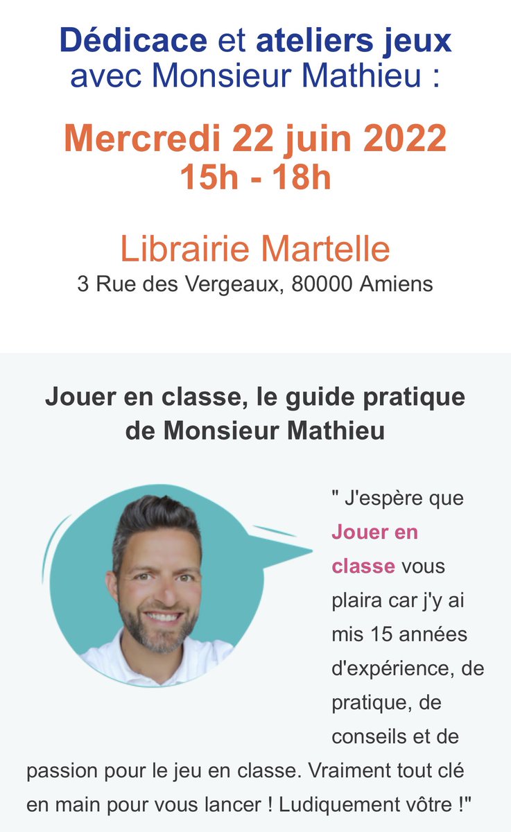sebdebrune's tweet photo. ✍🏻dédicace 📣
Venez rencontrer M Mathieu, pour une dédicace et atelier jeu autour de son livre #JouerEnClasse @Magnard_Edu ce mercredi 22 juin de 15h a 18h, à la @libmartelle d'Amiens. #pédagogie #enseignants #ecole https://t.co/4JZSTld56E