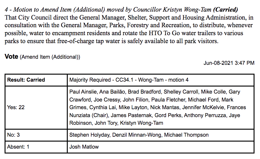DianaCMcNally's tweet photo. Where are the HT0 To Go water trailers? A motion passed last June asked @TorontoPFR to deploy trailers to parks. Never happened. To use @shawnmicallef's word, the mendacity and the refusal of City staff to be directed by Council is appalling. No running water for unhoused people. https://t.co/DEx7O90lt5