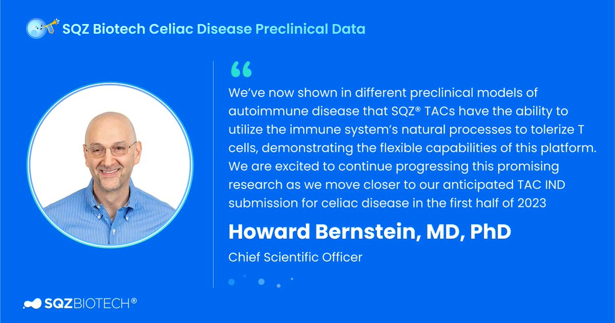 At #FOCIS2022 we share preclinical data showing SQZ® TACs led to the presentation of antigen associated w/#celiacdisease, supporting our T cell tolerizing approach. This will support our planned TAC IND submission for celiac disease in the 1st half of 2023 buff.ly/3zP7aQ7