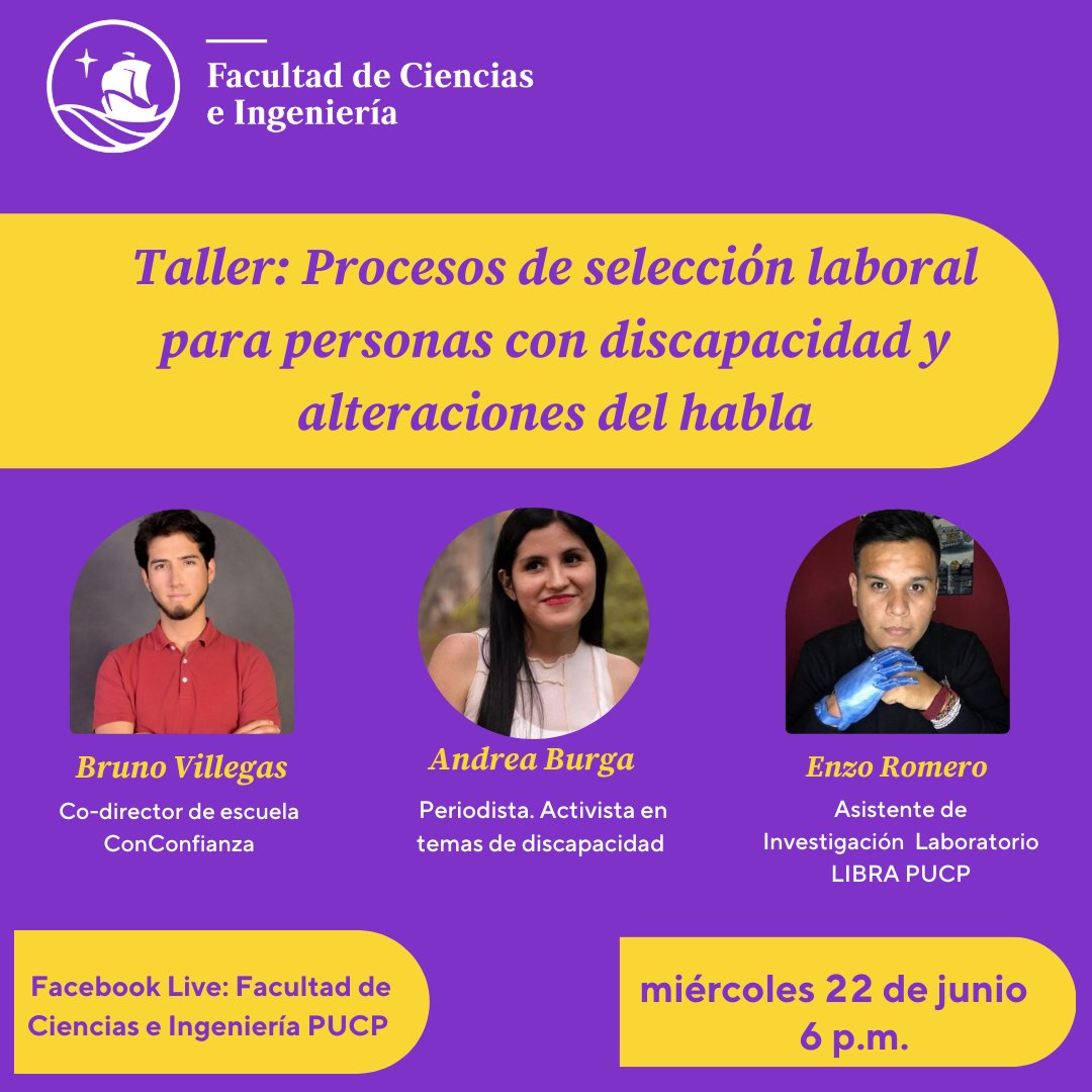 fcipucp's tweet photo. Te invitamos a participar del taller “Procesos de Selección laboral para personas con discapacidad y alteraciones del habla”.
Inscripción estudiantes FCI https://t.co/ekLJuv9iPx
Inscripción público externo y otras facultades de la PUCP: https://t.co/C34QLGxZYt https://t.co/Aws8aFBYPX