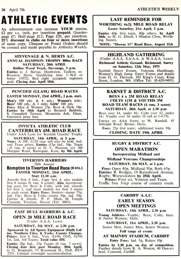 Looking through @AthleticsWeekly from early 1970s to find examples of road races for women. Back page of AW from 7th April 1973 - road races listed for men are 4 miles, 6 miles, 8 miles, 20 miles & a marathon. Just one road race for women & it's one mile! #WomensRunningHistory