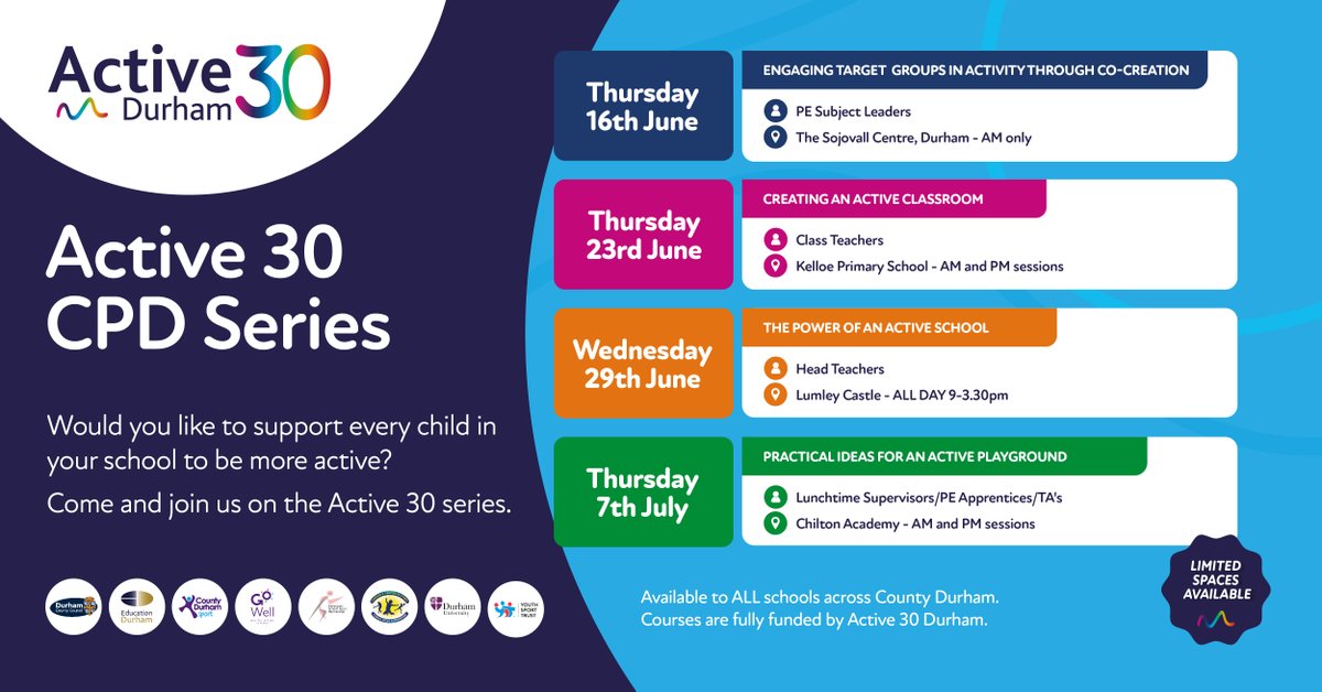 gowellwithus's tweet photo. Don't miss out on our fully funded #Active30Durham CPD training sessions. Support every child to be active in your school. 

Book your place: https://t.co/JQzts75sW4 

@CDSport @EasingtonSSP @DurhamCLS_SSP #Active30Durham

#headteacherchat https://t.co/k819k685HW