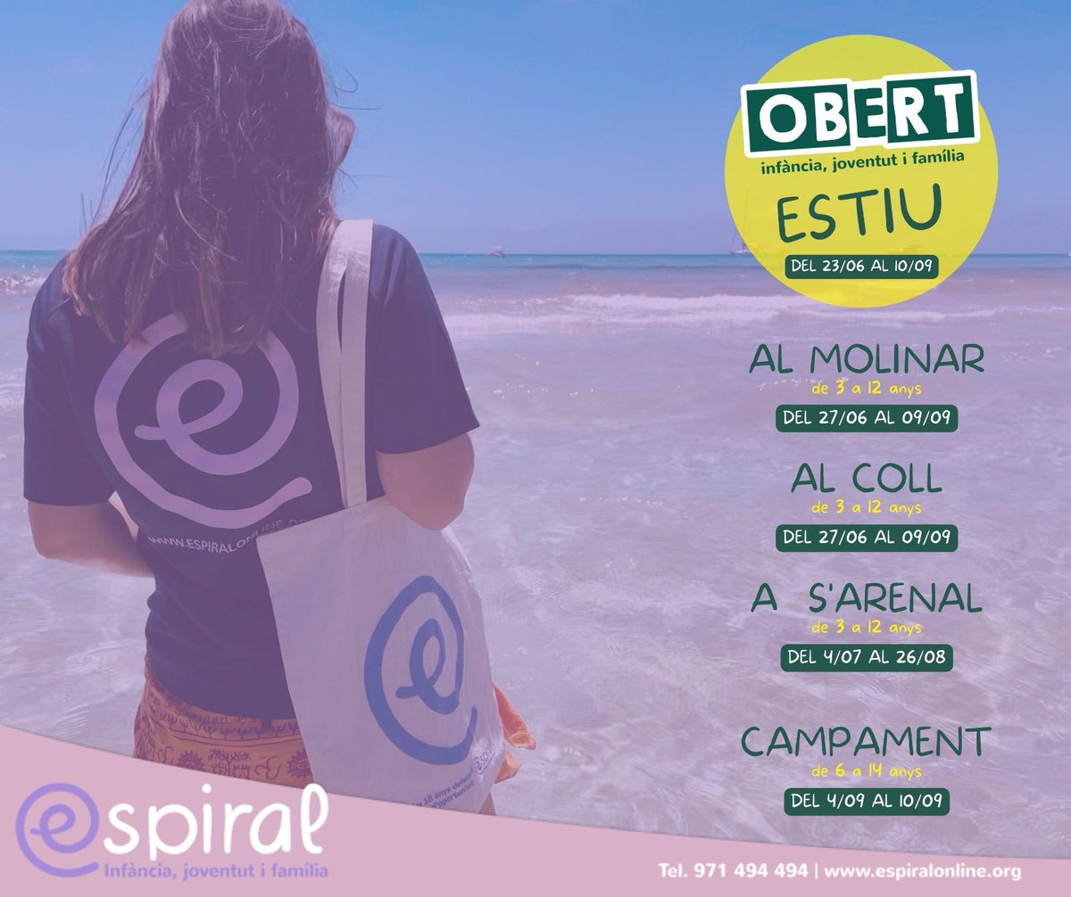 EspiralServeis's tweet photo. 🍉🌞Encetem l'estiu amb molta il·lusió, amb ganes de viure mil i una experiències i aventures en el #programaOBERT i que els infants i joves que participin s'ho passin beníssim!
🗓Des del 27 de juny fins al 10 de setembre, oferim atenció a la infància https://t.co/zzigya7Y0h