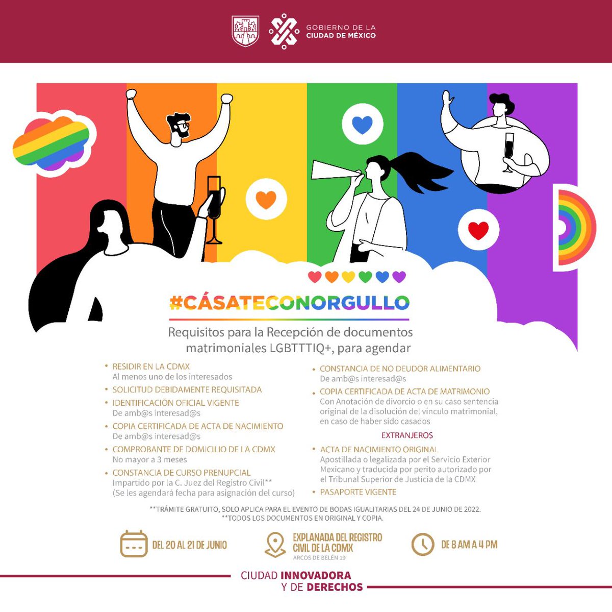 ¡Aviso importante!🚨

Hoy es el último día para presentar tu documentación en el Registro Civil de la Ciudad de México, donde se celebrarán #BodasIgualitarias el próximo 24 de junio. 👩🏽‍❤️‍👩🏽👨🏽‍❤️‍👨🏽

¡El trámite es gratuito! 
#CásateConOrgullo 🏳️‍🌈