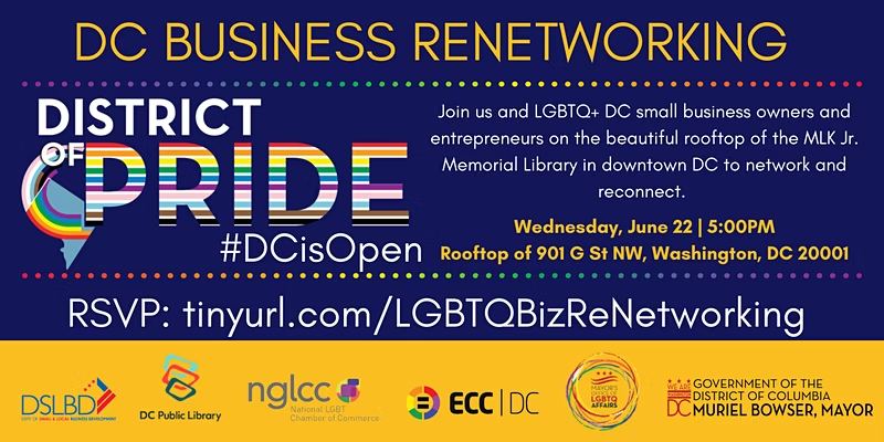 DCLGBTQ's tweet photo. Are you a #LGBTQIA business owner/entrepreneur or looking to become one?
#ReNetwork with us, @SmallBizDC, @EqualtyChamber @NGLCC at @DCPL #MLKjr Library Rooftop tomorrow (6/22) starting at 5pm!
RSVP: https://t.co/9r7dIbVHkd https://t.co/G2kDoTSUy2