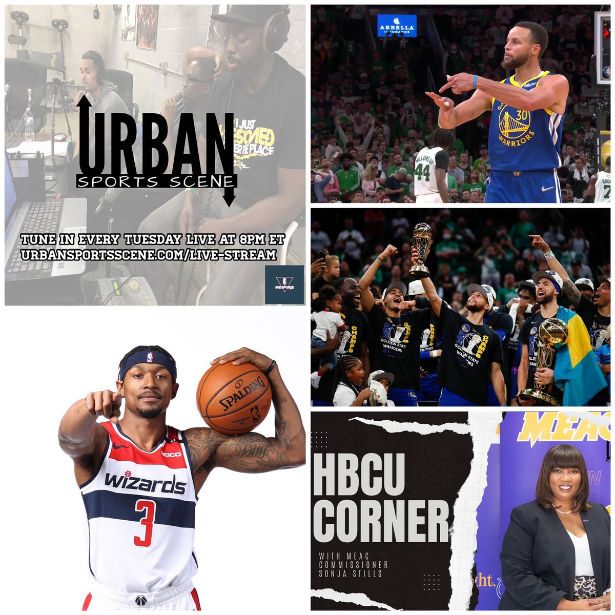 UrbanSportScene's tweet photo. Will, @UrbanSportS_Ray and @Wole_USS are back on tonight at 8 pm ET. LISTEN HERE AT 8: https://t.co/DuZav9xqzr #nbafinals #DubNation #bradleybeal #hbcucorner #HBCU #hbcus #StephenCurry #meac @MEACSports @AmpireMedia @RealBramW https://t.co/f5Rv6KqHeM