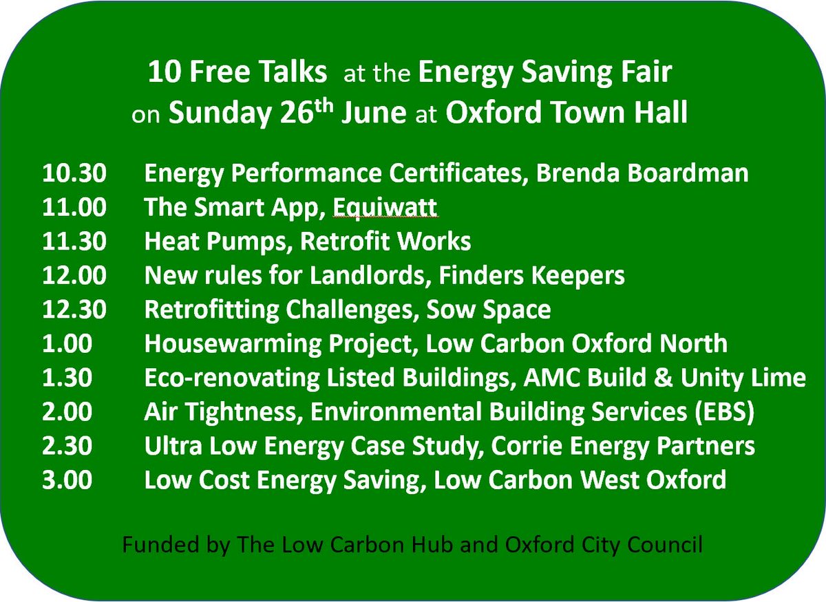 Ten Snappy Talks on domestic energy issues. Join us at the Energy Saving Fair this Sunday eventbrite.co.uk/cc/energy-savi…
