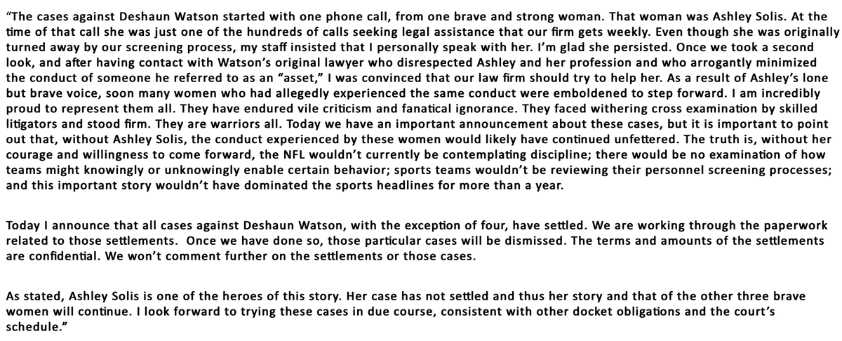 Jake_Trotter's tweet photo. Tony Buzbee announces in a statement that all but four of the civil lawsuits against #Browns QB Deshaun Watson have been settled https://t.co/Ye3HoQi05h