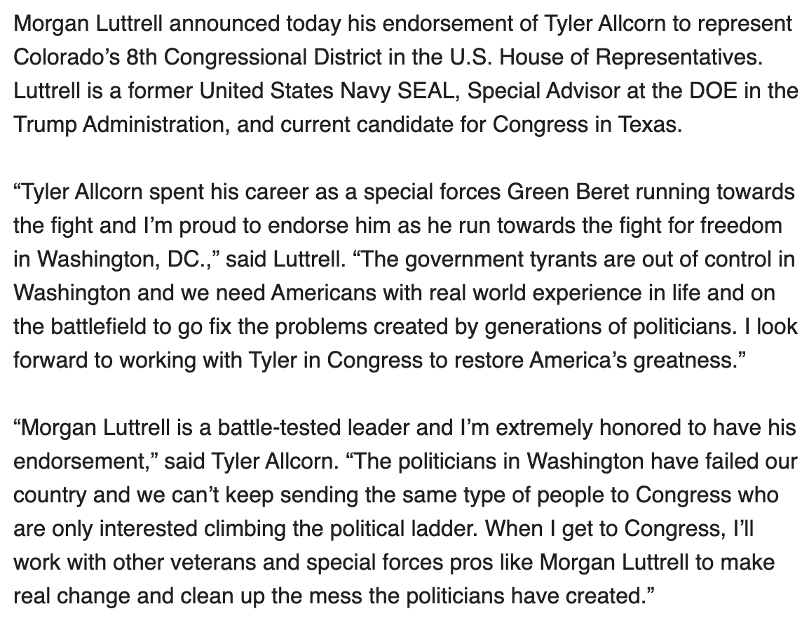 allcorn4co's tweet photo. Morgan Luttrell has endorsed Tyler Allcorn to represent Colorado’s 8th Congressional District in the U.S. House of Representatives. Luttrell is a former US Navy SEAL, Special Advisor at the DOE in the Trump Administration, and the Republican candidate for TX-8. #CO08 #COpolitics https://t.co/ILPrTVno5R