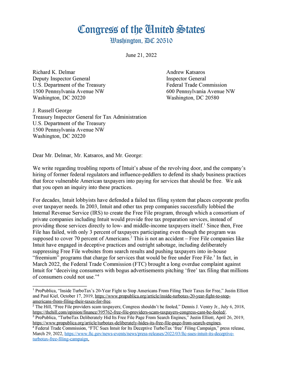 TeamKatiePorter's tweet photo. Hordes of government officials-turned-lobbyists are helping corporations like @Intuit rip off Americans. @SenWarren, @BradSherman, and I introduced a bill to crack down on the scams, but we also want federal watchdogs to investigate the revolving door of regulators and lobbyists. https://t.co/Hwr1voftKt